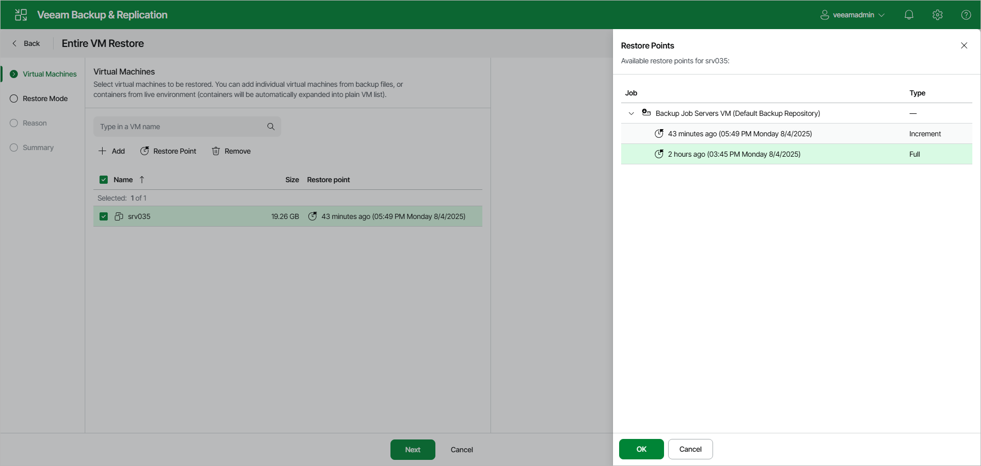 Select Restore Point - Web UI