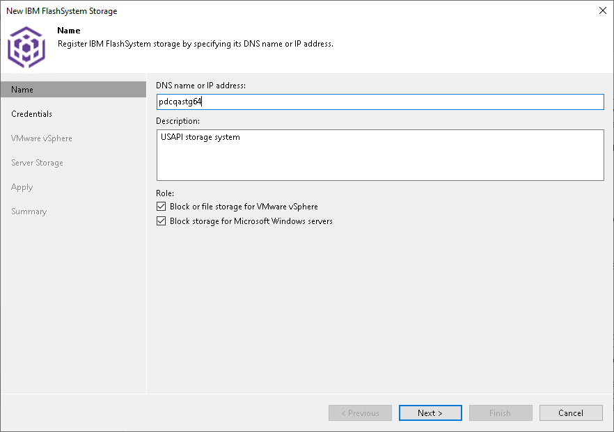 Step 2. Specify Storage Name or Address and Storage Role