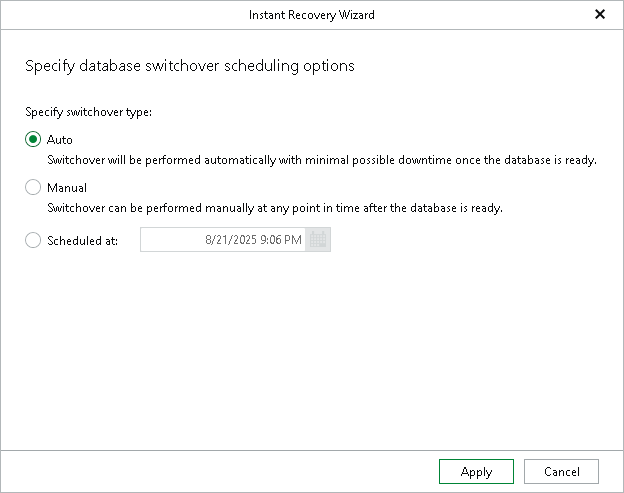 Specifying Database Switchover Scheduling Options Editing Instant Recovery Settings