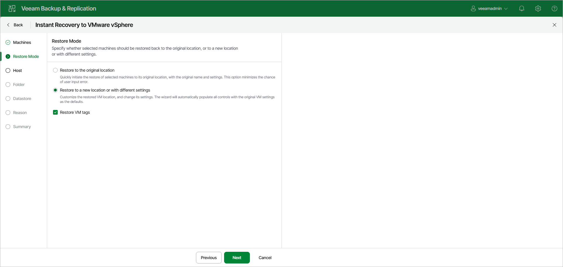 Select Restore Mode - Web UI