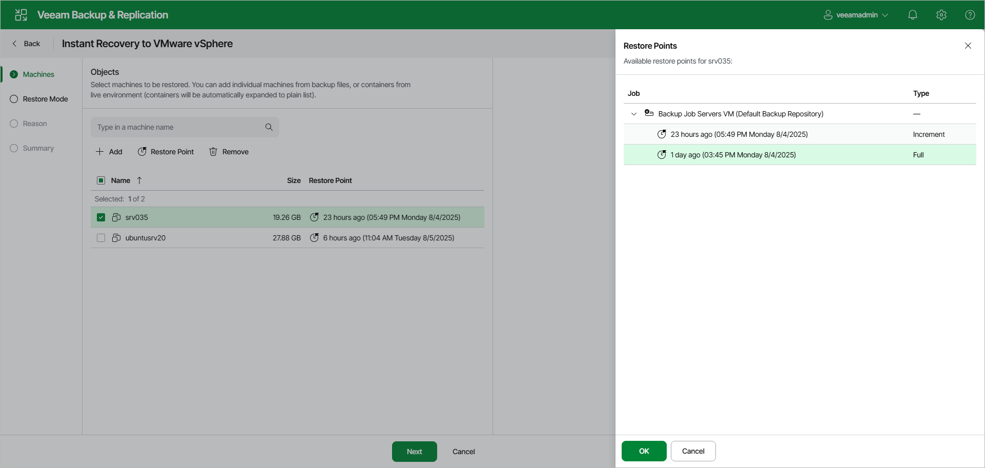 Select Restore Point - Web UI