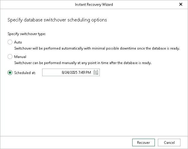 Specifying Database Switchover Scheduling Options Step 5. Specify Switchover Settings
