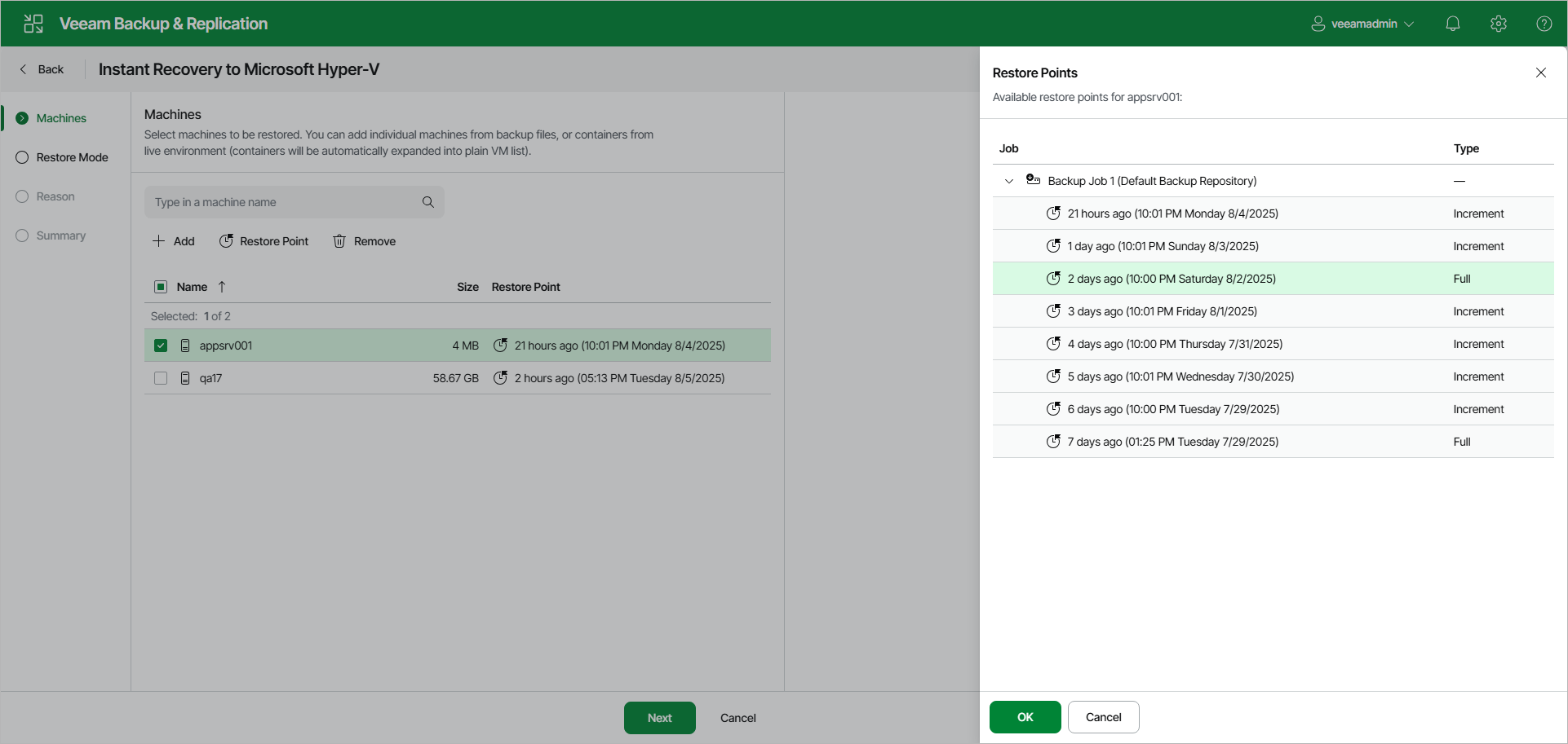 Select Restore Points - Web UI