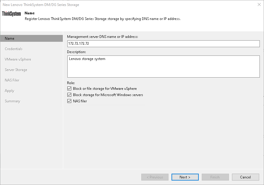 Step 2. Specify Lenovo Server Name or Address and Storage Role