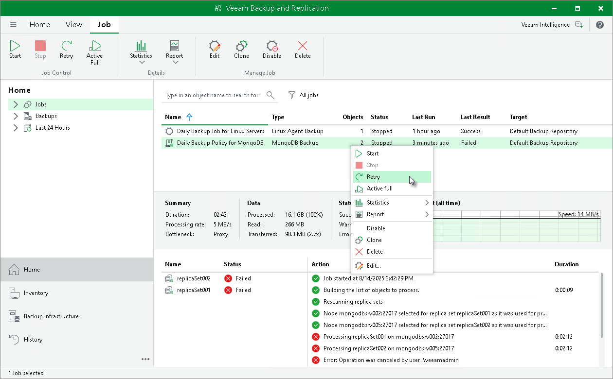 Retry Application Backup Policy