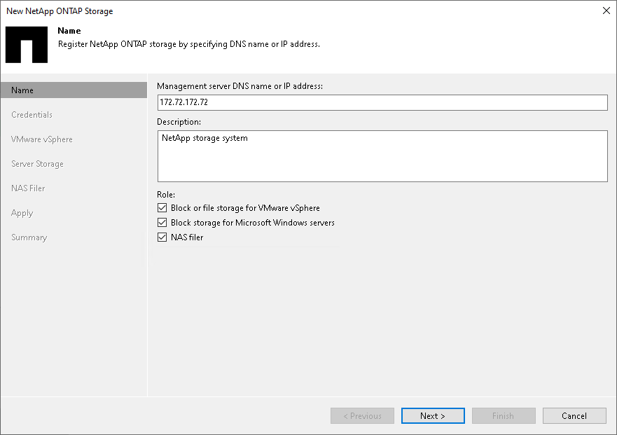Step 2. Specify NetApp Server Name or Address and Storage Role