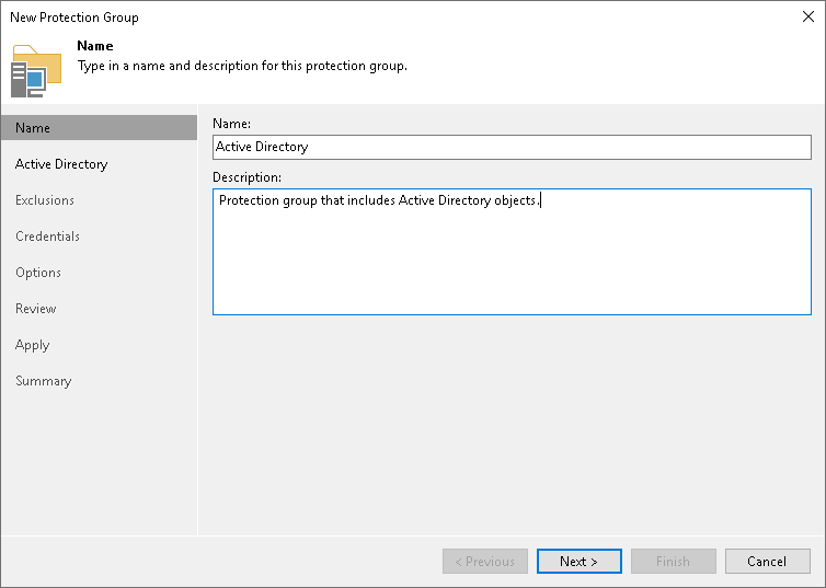 Specify Protection Group Name Step 2. Specify Protection Group Name and Description