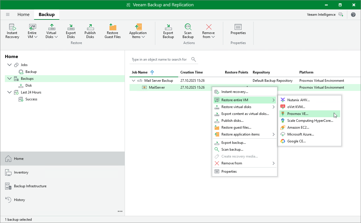 Launch Full VM Restore to Red Hat Virtualization Wizard