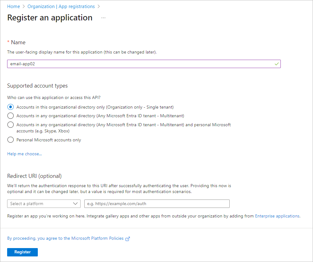 Registering Application in Microsoft Azure Portal