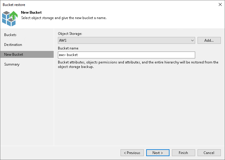 Specify Destination for Data Restore Step 4. Create New Bucket or Container