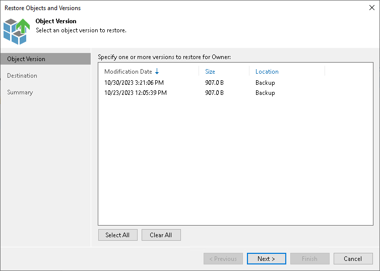 Select a File Version to Restore Step 7. Select Object Version to Restore