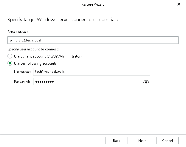 Specifying Target Windows Server Credentials Step 3. Specify Target Server