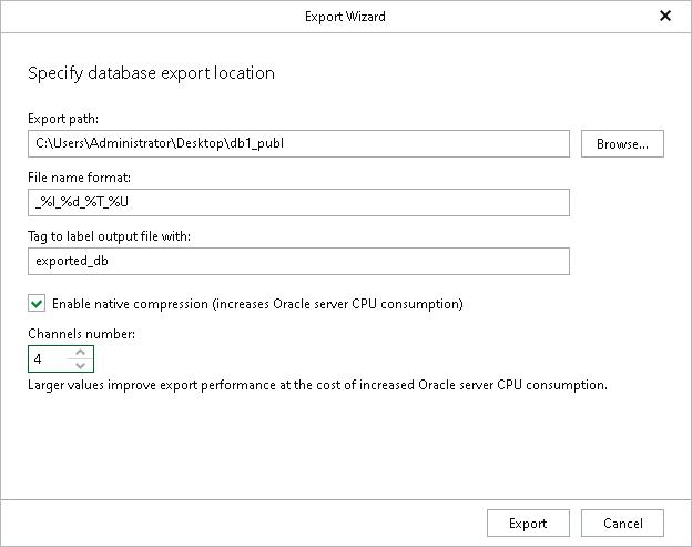 Exporting as RMAN backup Step 4. Specify Export Location