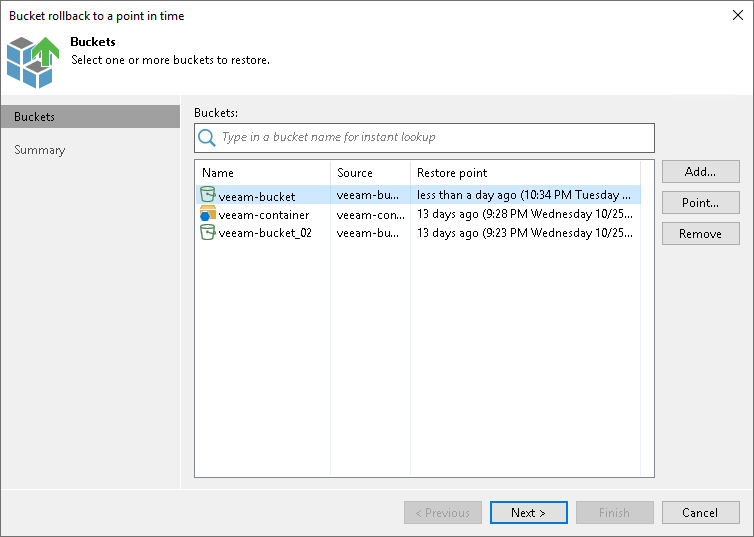 Select an Object to Restore Step 2. Select Buckets to Restore