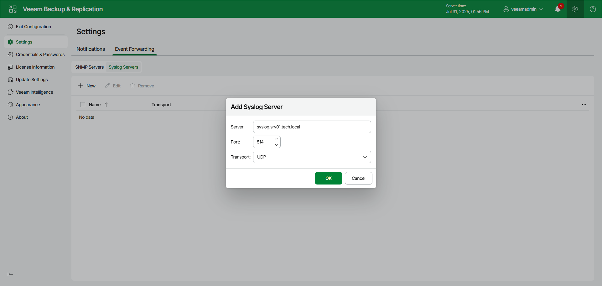 Adding Syslog Server Using Web UI