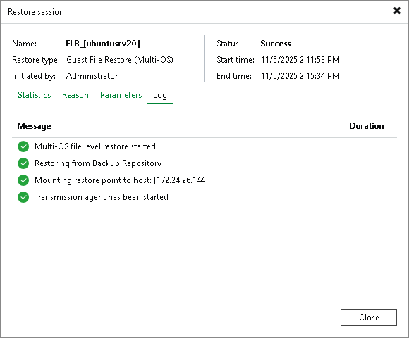 Viewing File Restore Session Statistics