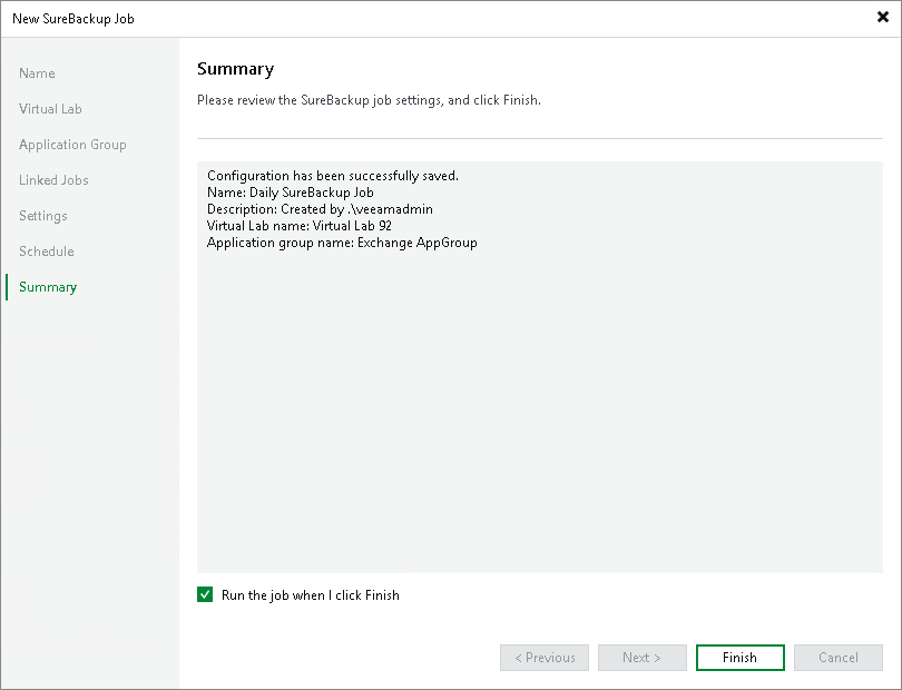 Finish Working with Wizard Creating SureBackup Job
