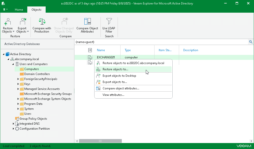 Restoring Application Ittems with Veeam Explorer for Active Directory