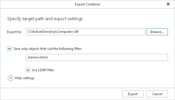 Specifying Target Path and Export Settings Exporting Containers