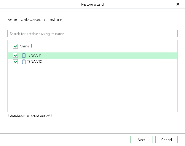 Selecting Databases to Restore Step 2. Select Databases
