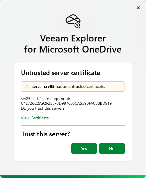 Validate Server Certificate Fingerprint Launching Application and Exploring Backups