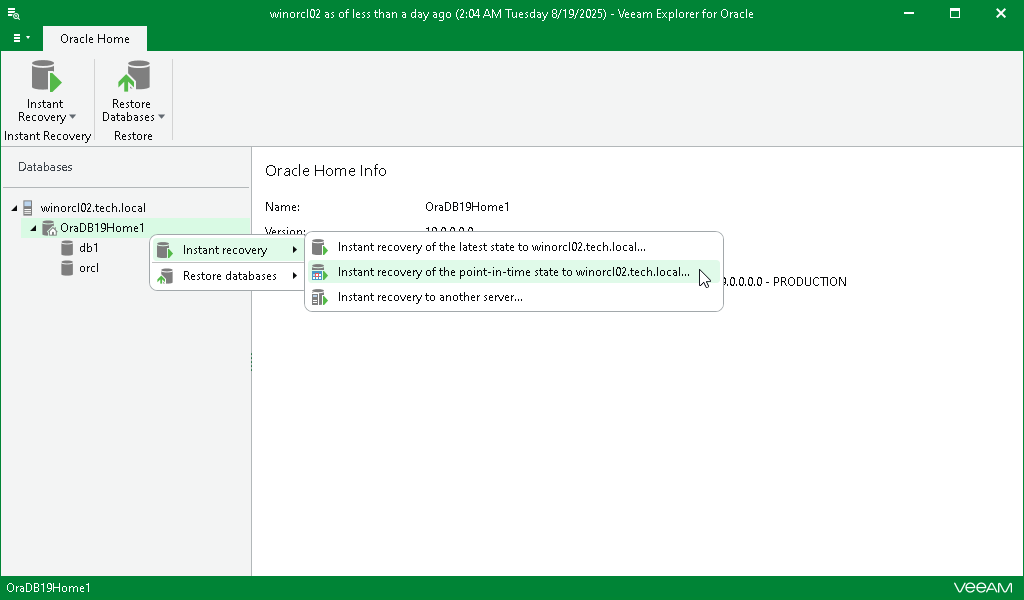 Launching Instant Recovery Wizard