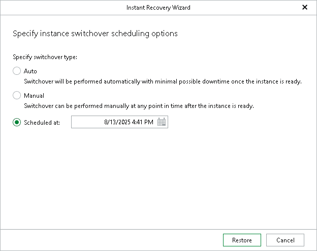 Specifying Database Switchover Scheduling Options Step 2. Specify Switchover Settings
