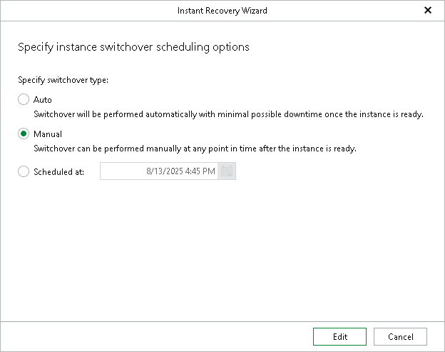 Editing Instant Recovery Settings