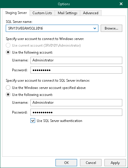 Staging SQL Server Settings