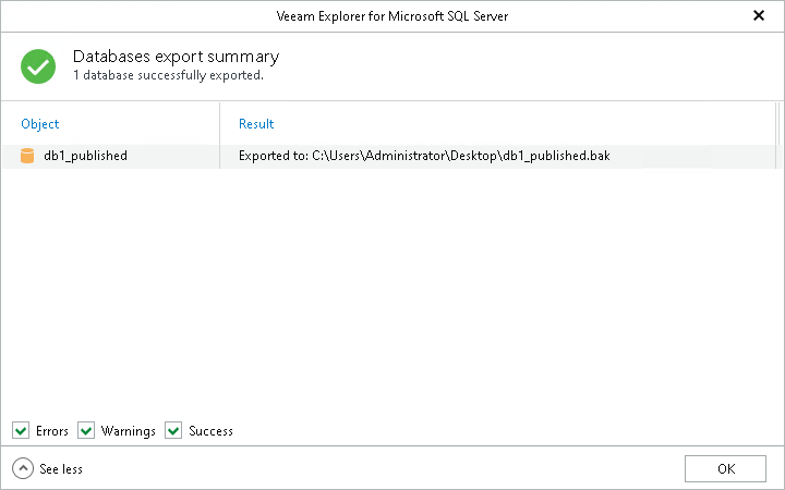 Reviewing Export Summary Window Exporting as BAK
