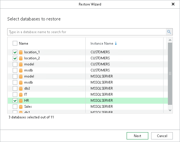 Selecting Databases to Restore Step 2. Select Databases