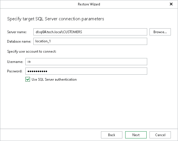 Specifying Target SQL Server Step 4. Specify Target Server