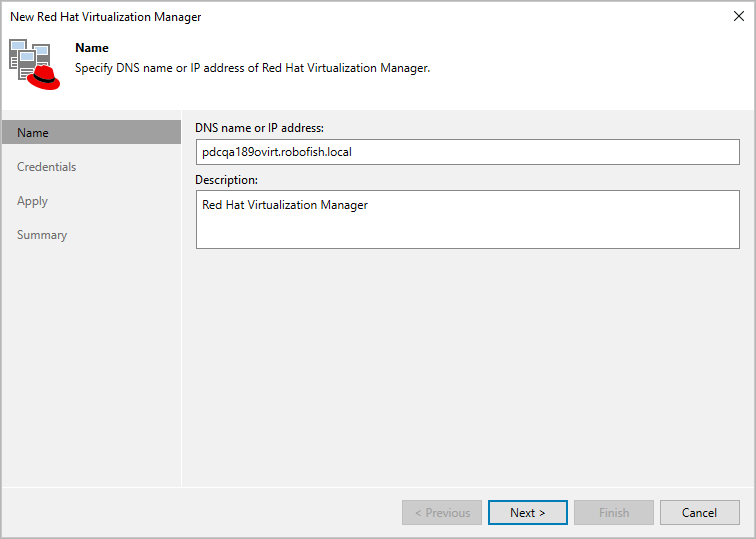 Step 2. Specify Domain Name or IP Address of RHV Manager