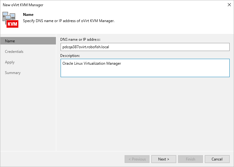 Step 2. Specify Domain Name or IP Address of oVirt KVM Manager