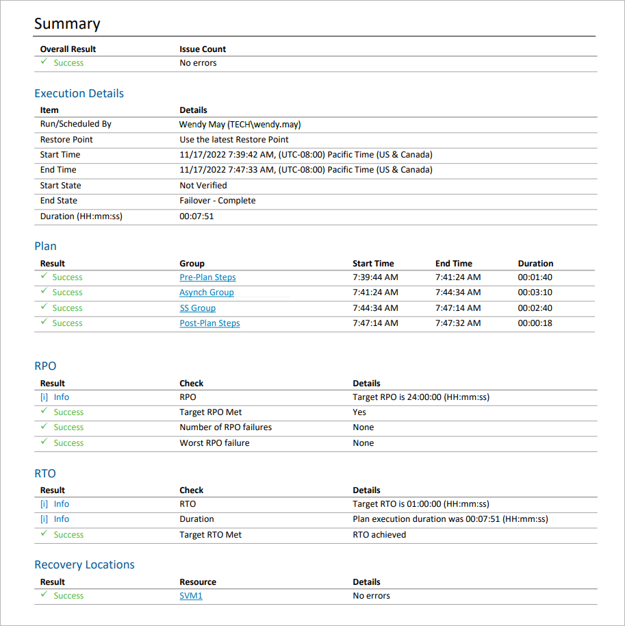 Plan Execution Report