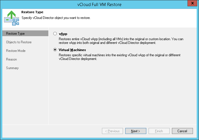 Step 1. Launch vCloud Full VM Restore Wizard