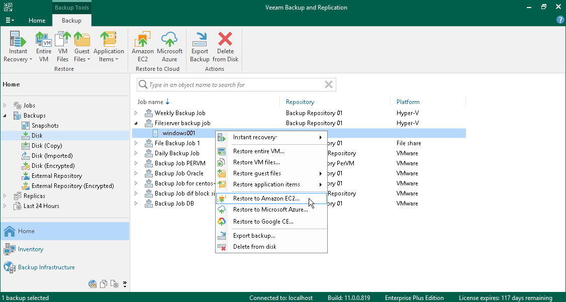 第 1 步启动 Restore to Amazon EC2(还原到 Amazon EC2)向导