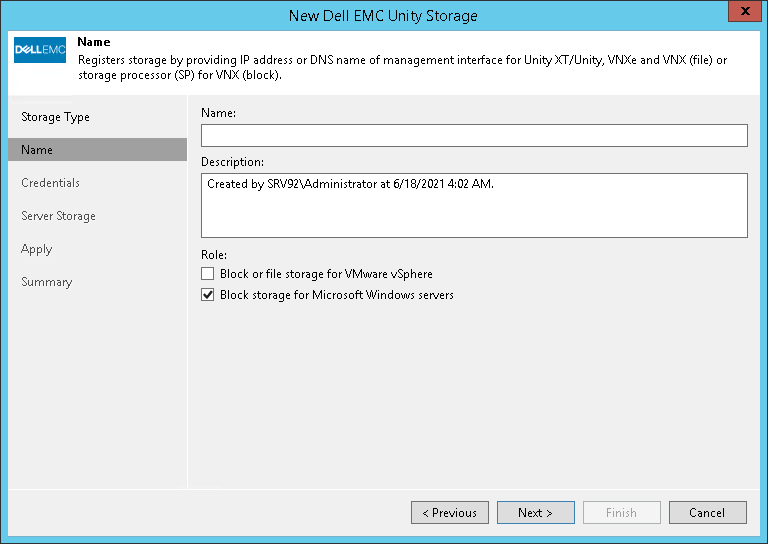 Step 2. Specify Storage Name or Address and Storage Role