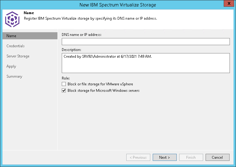 Step 2. Specify Storage Name or Address and Storage Role