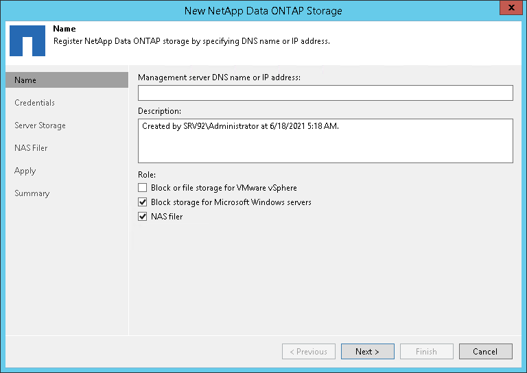 Step 2. Specify NetApp Server Name or Address and Storage Role
