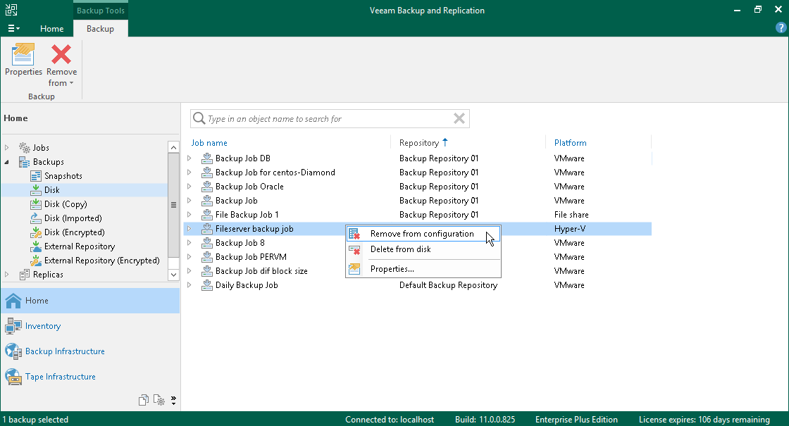 从配置中删除备份