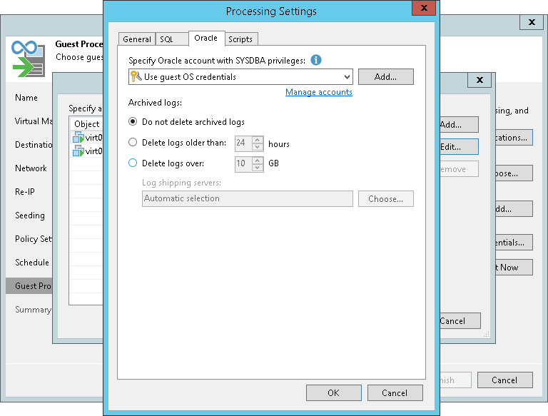 Configure log handling for Microsoft SQL Server Oracle Archived Log Settings