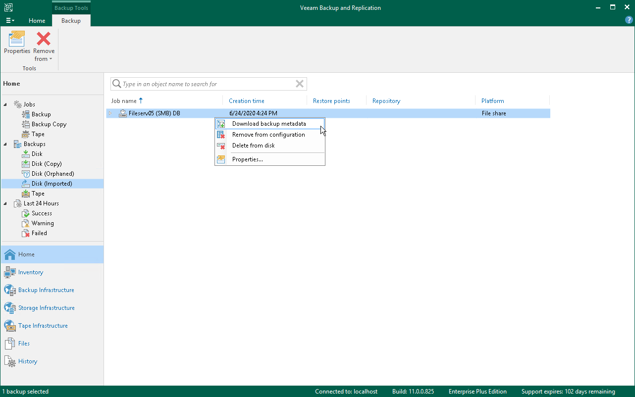 Download backup metadata