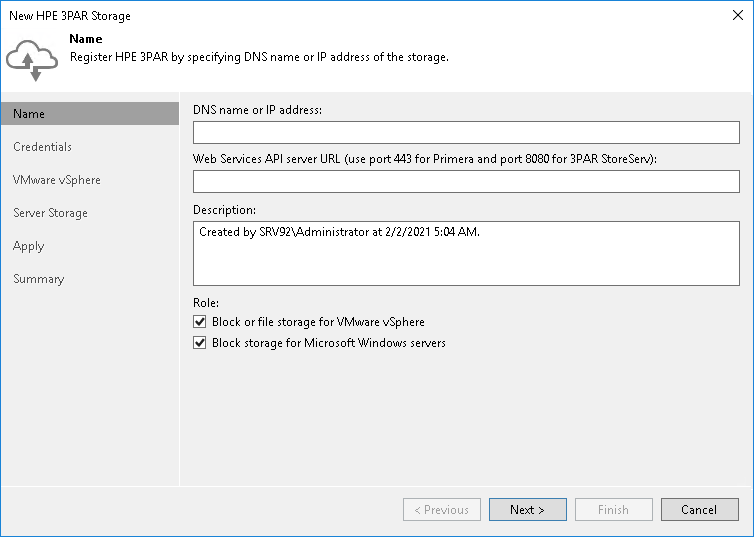 Step 2. Specify HPE 3PAR Web Services API Address and Storage Role