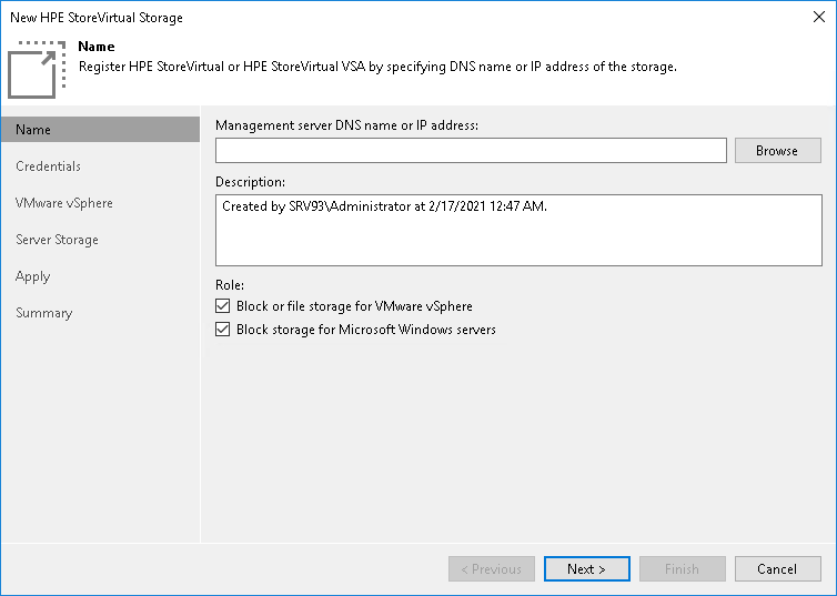 Step 1. Specify Storage Name or Address and Storage Role