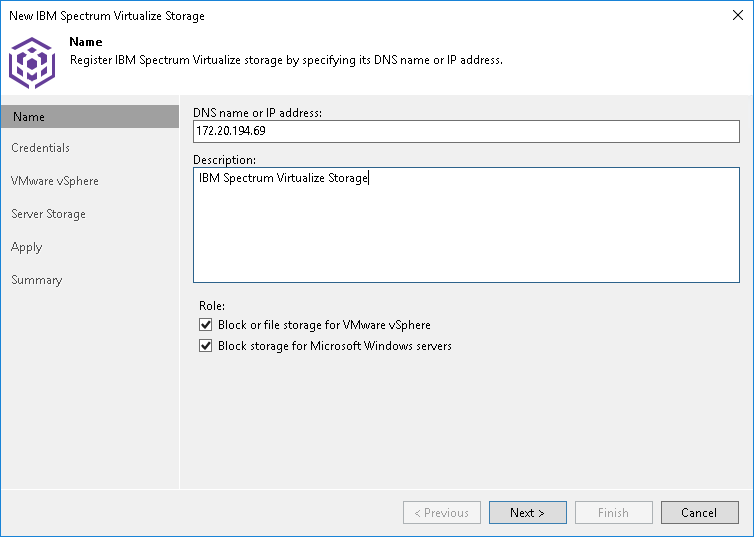 Step 2. Specify Storage Name or Address and Storage Role