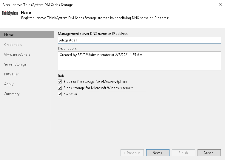 Step 2. Specify Lenovo Server Name or Address and Storage Role