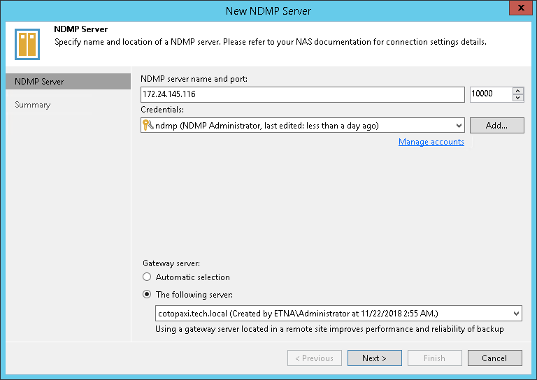 Step 2. Specify NDMP Server Name and Location