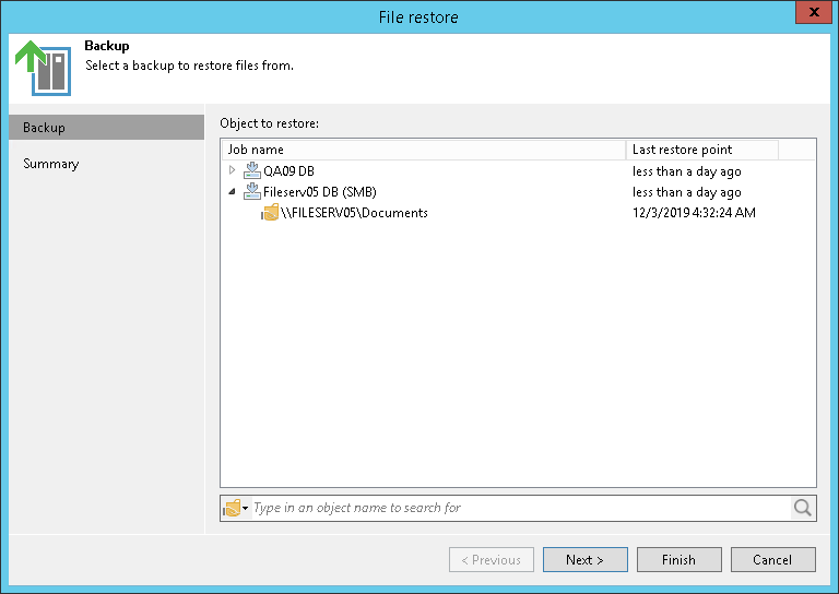 Select Object to Restore Step 2. Select Object to Restore
