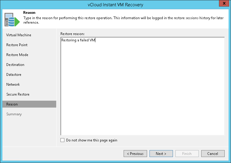 Step 8. Specify Restore Reason